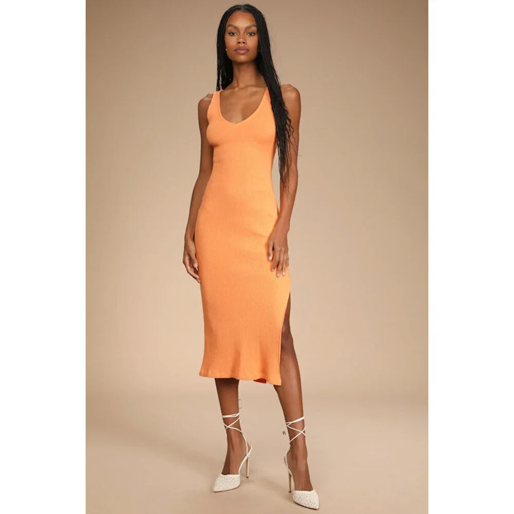 Lulus Beauty In Simplicity Light Orange Ribbed Bodycon Midi Dress - Size M - Picture 1 of 2